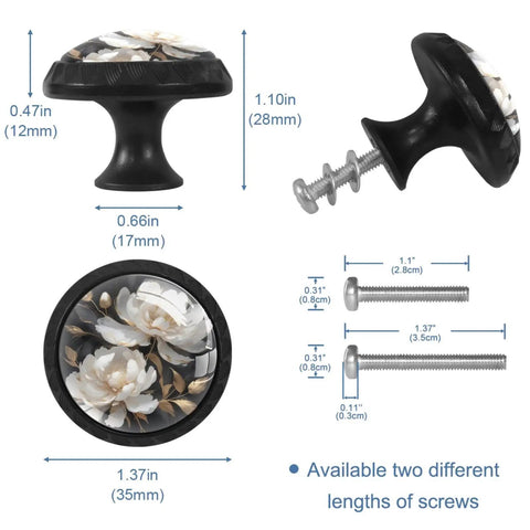 4 Pack White Peony Flower Cabinet Knobs Glass Drawer Knobs Set Black Dresser Pull Handles for kitchen cupboards and drawers