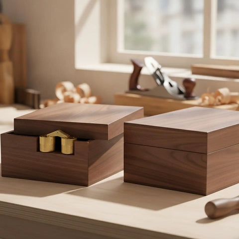 Gold Finish Concealed Barrel Hinge For Woodworking With Hidden Pivot Hardware on open wooden flip-top box