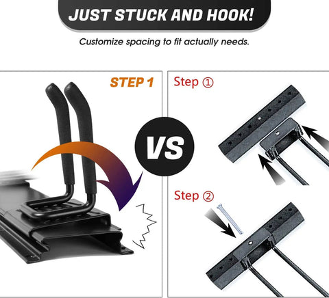 Heavy Duty Steel Ski And Snowboard Wall Mount Rack With Double Hooks And Cinch Straps For Garage Shed Organization showing adjustable hook setup steps.
