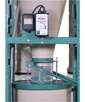 Heavy Duty 5 Horsepower Cyclone Dust Collector control panel and connector hose visible in close-up view.