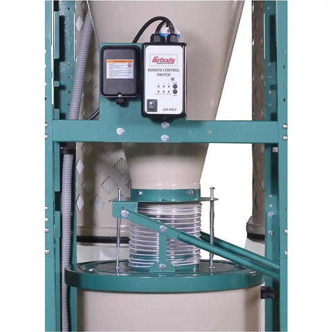 Heavy Duty 5 Horsepower Cyclone Dust Collector control panel and connector hose visible in close-up view.