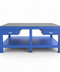 Rock Solid No Nonsense Heavy Duty Workbench For Welding And Metal Fabrication With 8mm Thickened Steel Plate Pro Grade Flat Top, blue with drawers.