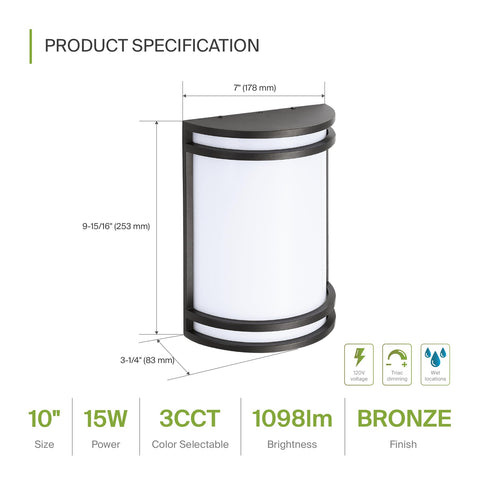 LED Outdoor Wall Mount Light Fixture In Oil Rubbed Bronze Finish, Easy Install, 15W Color Temperature Selectable, ETL Listed
