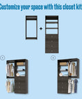 Fully Assembled Grey Closet Organizer Kit With Double Hanging Rods, Shelves, And Drawers As A 54 Inch Corner Unit with customizable sections.