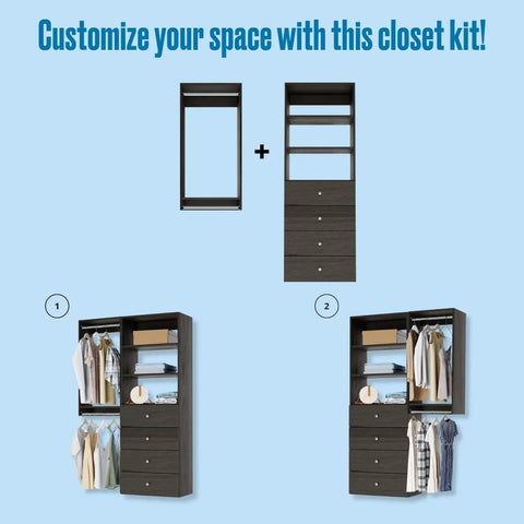 Fully Assembled Grey Closet Organizer Kit With Double Hanging Rods, Shelves, And Drawers As A 54 Inch Corner Unit with customizable sections.