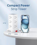 Dope 16 In 1 Tower Power Strip With USB C And USB A Ports, 12 AC Outlets, on desk next to smartphone for scale