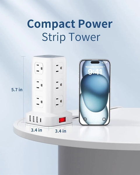 Dope 16 In 1 Tower Power Strip With USB C And USB A Ports, 12 AC Outlets, on desk next to smartphone for scale