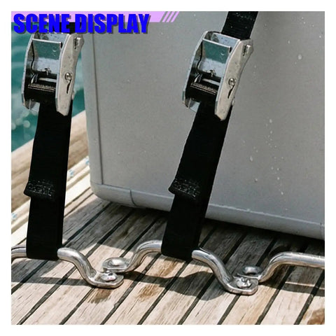 Heavy Duty Tie Down Straps With Cam Buckles And Stainless Brackets For Battery Boxes And Cargo Secure Mount Kit on a cooler.