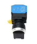 Front view of 22mm 3 Position Maintained Rotary Selector Switch with 2NO Latching Contacts, 10A 660V AC Rating, ideal for industrial panels.
