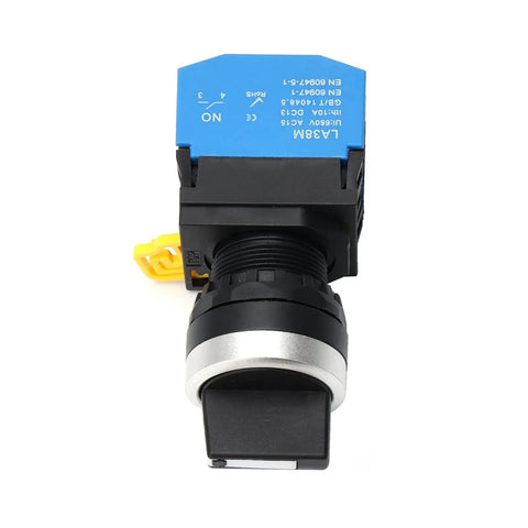 Front view of 22mm 3 Position Maintained Rotary Selector Switch with 2NO Latching Contacts, 10A 660V AC Rating, ideal for industrial panels.