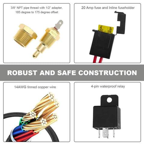 Premium 40 Amp 12V Cooling Fan Relay Thermostat Switch Kit with brass fittings and waterproof relay for reliable cooling.