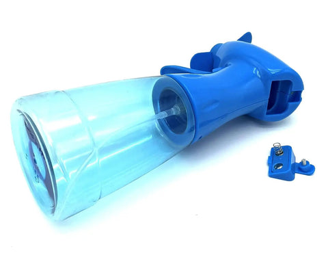 Close-up of a Two Pack Portable Battery Powered Misting Fans handheld evaporative cooler with clear mist container and soft safety blades.