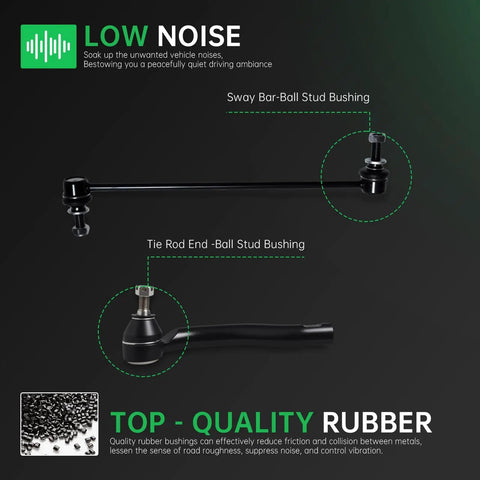 Close-up of sway bar link and tie rod end from Front End Suspension Kit for Toyota RAV4 2006-2018 With Beefed-Up 2 Front Lower Control Arm Ball Joint Assemblies, 2 Outer Tie Rod Ends, 2 Inner Tie Rod Ends, and Sway Bar Link Set emphasizing low noise and top quality rubber.