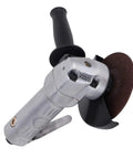 Rock Solid 4 Inch Pneumatic Air Angle Grinder With 11000 RPM Power And Heavy Duty Aluminum Housing Featuring A Secure Locking Switch for sanding.