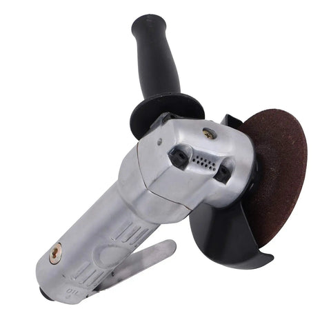 Rock Solid 4 Inch Pneumatic Air Angle Grinder With 11000 RPM Power And Heavy Duty Aluminum Housing Featuring A Secure Locking Switch for sanding.