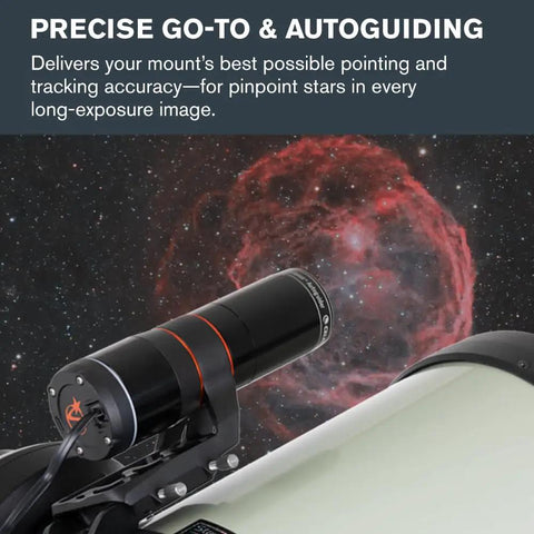 StarSense Autoguider For Computerized Telescopes With 3 Minute Auto Alignment on telescope in front of nebula