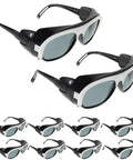 Kickass Protective Eyewear And Safety Glasses With Lenses For Welders Lightweight Adjustable Fit Anti Scratch 10 Piece Pack side view of safety glasses with dark lenses and black frames.