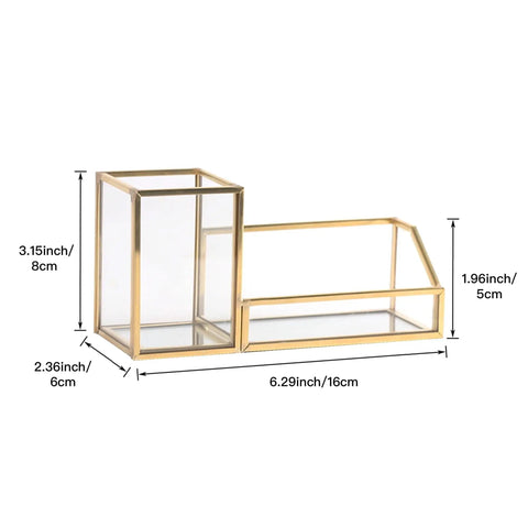 Gold Glass Business Card Holder With Pen And Pencil Tray Desktop Display Stand For Office Organization