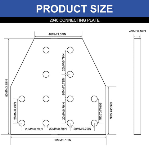 Diagram of 2040 aluminum extrusion T bracket joint plate with 12-hole design, showcasing product dimensions and specifications.