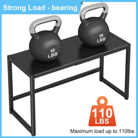 Expandable 110 Lbs Heavy Duty Metal Shelving Unit For Pots N Pans, Microwave And Small Appliances, Adjustable Length From 18.2 To 28.9 Inches With 11.6, 14 Or 16.3 Inch Mounting Heights, Ideal Kitchen Garage Pantry Closet Organization with kettlebells showing weight capacity.