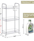 Clear 3 Tier Acrylic Rolling Storage Cart With Four Extension Poles For Tall Items And Bottles, dimensions shown on side.