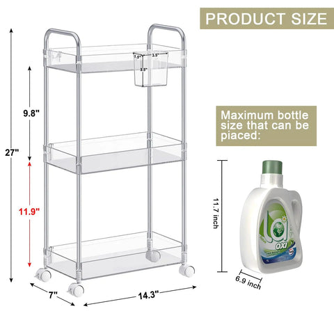 Clear 3 Tier Acrylic Rolling Storage Cart With Four Extension Poles For Tall Items And Bottles, dimensions shown on side.