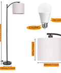 Lit Tall Arc Floor Lamp With Beige Linen Shade, Modern Standing Lamp for living room or bedroom, dimensions, and LED bulb included