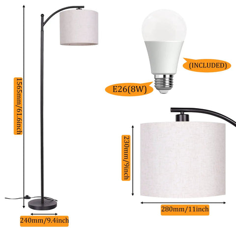 Lit Tall Arc Floor Lamp With Beige Linen Shade, Modern Standing Lamp for living room or bedroom, dimensions, and LED bulb included