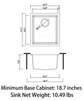 Technical drawing of Undermount Single Bowl Kitchen Sink 16x18x8 Inch Dope 18 Gauge 304 Stainless Steel Satin Finish Built Tough