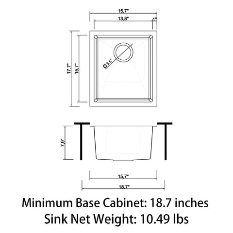 Technical drawing of Undermount Single Bowl Kitchen Sink 16x18x8 Inch Dope 18 Gauge 304 Stainless Steel Satin Finish Built Tough