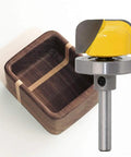 1/4 Inch Shank Bowl And Tray Template Router Bit With Bearing Guide, metal cutter next to wooden tray.