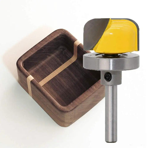 1/4 Inch Shank Bowl And Tray Template Router Bit With Bearing Guide, metal cutter next to wooden tray.