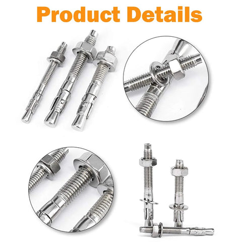 Three Eighths Inch By Three Inch Concrete Anchor Set In 304 Stainless Steel Wedge Anchors With Screws Kit Ten Pieces shown