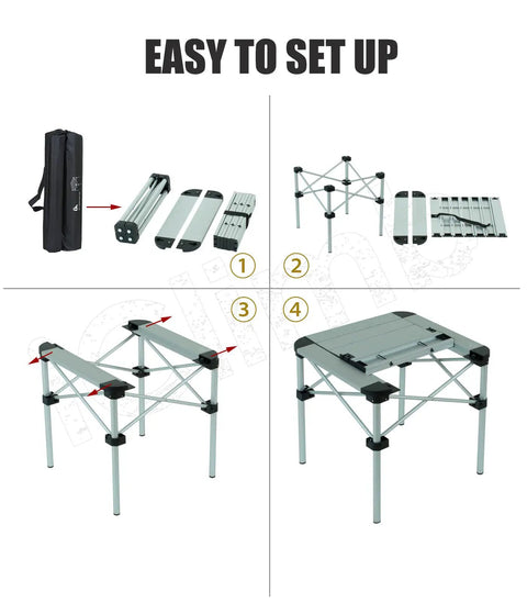 Assembly steps for Ultra Lightweight Stable Folding Aluminum Table With Roll Up Top And Carry Bag For Camping Picnics Beach Chill Backyard Barbecues Tailgating And RV Trips Anywhere