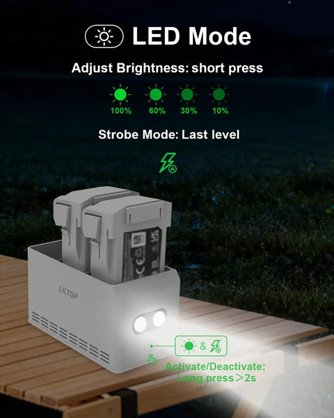 37W Mini Battery Charging Hub Kit For DJI Mini 5 Pro 4 Pro 3 Pro 3 Drones LED mode on wooden surface