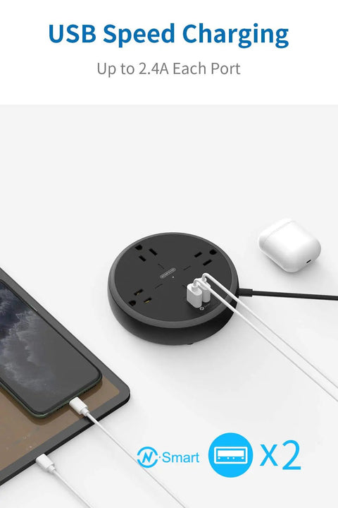 10 Foot Flat Plug Extension Cord With USB Port, Three Widely Spaced Outlets, Wall Mountable Power Strip for charging devices
