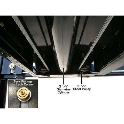 Close-up view of Heavy Duty Four Post Car Lift With Matching Sliding Jacks Black Powder Coated Steel showing zerk fittings and steel pulleys.