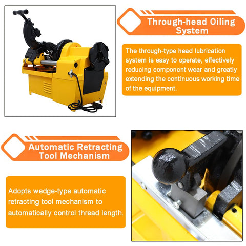 Rugged Industrial 3 In 1 Electric Pipe Threading Tool For Half To Two Inch Pipes With Durable Alloy Steel Cutter Head That Handles Water Gas And Electrical Conduit Jobs Like An Absolute Badass 220V - Features through-head oiling system and automatic retracting tool mechanism.
