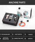 Heavy Duty Pneumatic Terminal Crimping Machine Air Powered Wire Crimper With 4 Die Sets And Foot Switch For 0.25 To 10mm2 Cables parts layout including foot switch, air valve regulator, handle, and connecting pipe.
