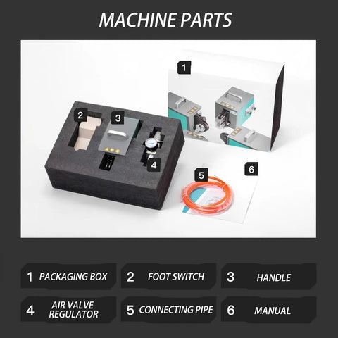 Heavy Duty Pneumatic Terminal Crimping Machine Air Powered Wire Crimper With 4 Die Sets And Foot Switch For 0.25 To 10mm2 Cables parts layout including foot switch, air valve regulator, handle, and connecting pipe.