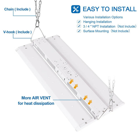 Super Bright 150W 2FT Linear High Bay LED Shop Lights Blast 5000K Daylight hanging installation with air vents displayed