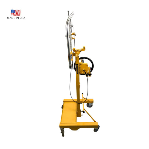 Hella Smooth Overhead Drill Press For Concrete With Seven Foot Reach Integrated Dust Extraction Scissor Lift Compatible Built To Reduce Fatigue No Hassle Install Made In Usa Masonry Drilling Rig side view yellow steel frame with wheels and handle