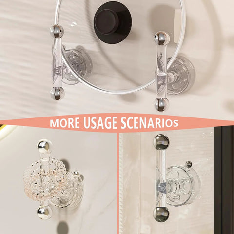 Two Pack Suction Cup Door Handles for glass doors, showcasing installation on various surfaces with transparent and silver materials.