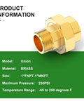 Two Pack Brass Union Fittings 1 Inch NPT Male To 1 Inch NPT Female Pipe Connector with specs on brass, pressure, temperature range