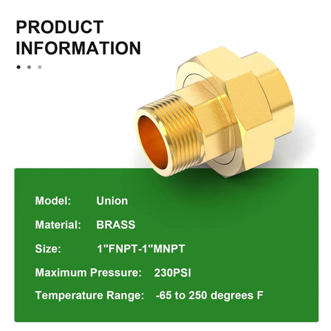 Two Pack Brass Union Fittings 1 Inch NPT Male To 1 Inch NPT Female Pipe Connector with specs on brass, pressure, temperature range