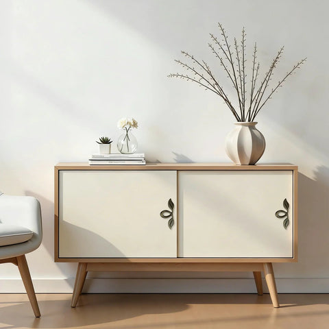 Vintage Style Leaf Drawer Pulls for Cabinets and Dressers in Bronze Finish Premium Zinc Alloy Handles on white sideboard.