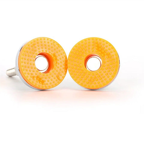 Built Tough Heavy Duty Carbon Steel Leveling Feet With M10 X 80 Millimeter Threads And Orange Grip Pads close-up view of grip pads