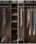 Slick Closet Organizer And Scarf Hanger That Crushes Your Morning Clutter With Wide Loops For Quick Belt Tie And Hijab Storage displayed in closet.