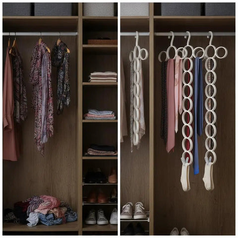 Slick Closet Organizer And Scarf Hanger That Crushes Your Morning Clutter With Wide Loops For Quick Belt Tie And Hijab Storage displayed in closet.