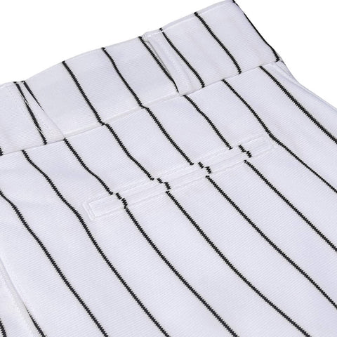 Close-up of Pro Weight Four Way Stretch 14 Ounce Tapered Baseball Pants For Adults in white with black pinstripes, TEK KNIT polyester.
